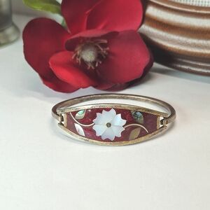 Vintage Silver Alpaca Mother of Pearl & Abalone Flower on Red Shimmer Bracelet